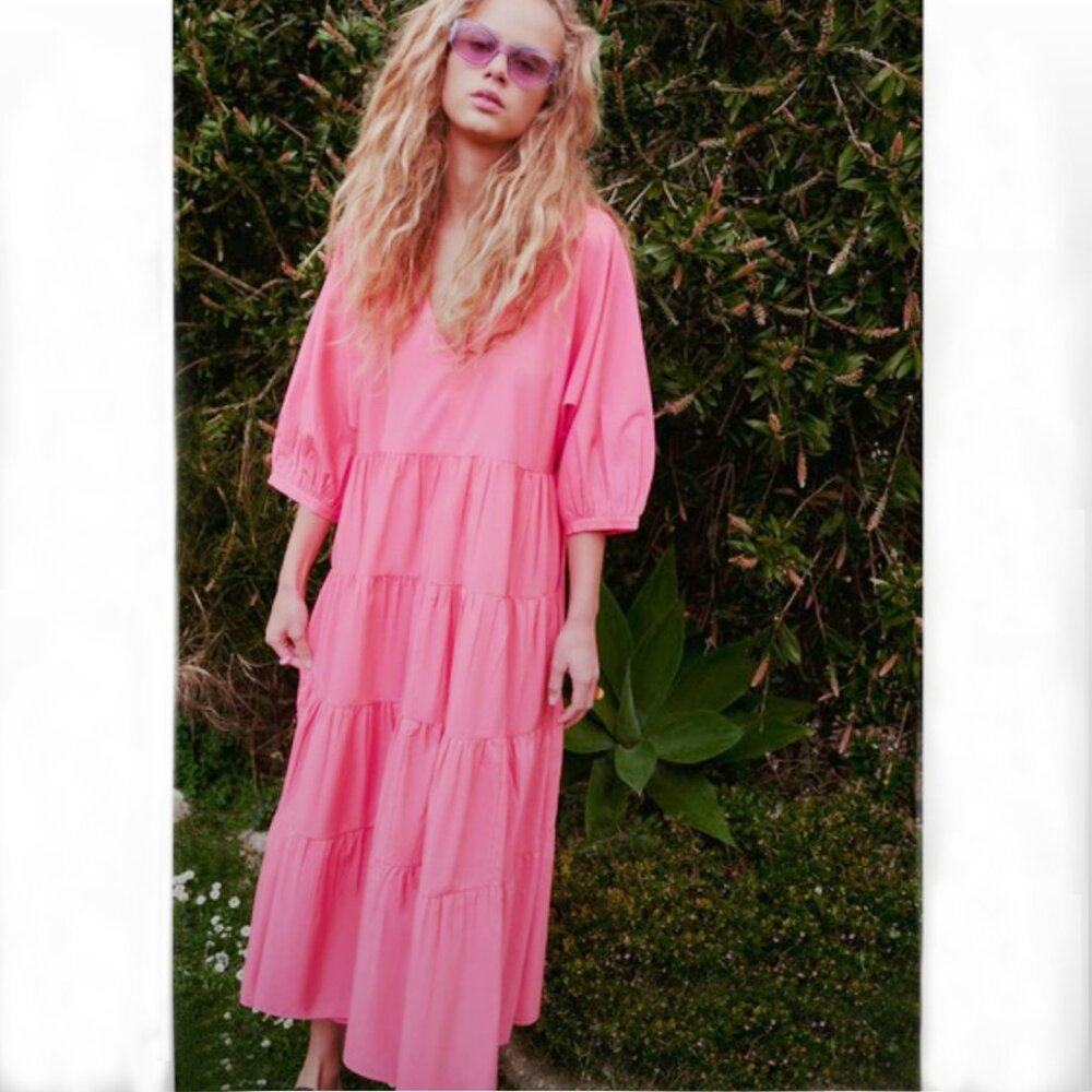 ZARA CANDY PINK TIERED RUFFLE MAXI DRESS BOHO BARBIE COTTAGECORE RESORT NWT M